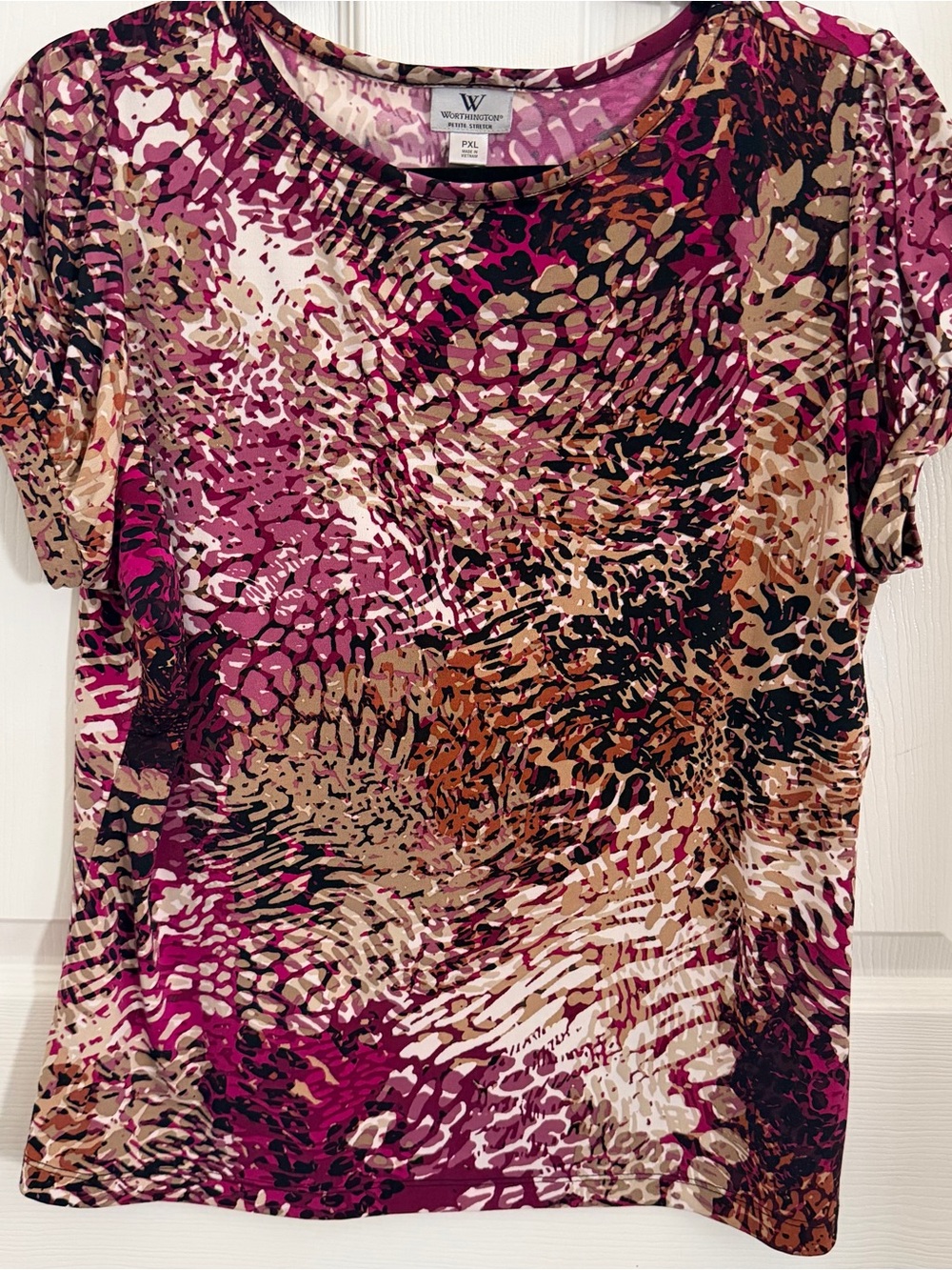 Worthington Magenta and Tan Abstract-Print Short Sleeve Top PXL